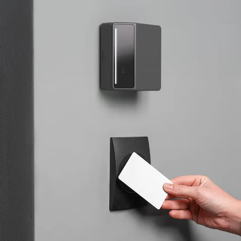 Rock X facial authentication reader with badge tap below it — multi-factor access at a data center door