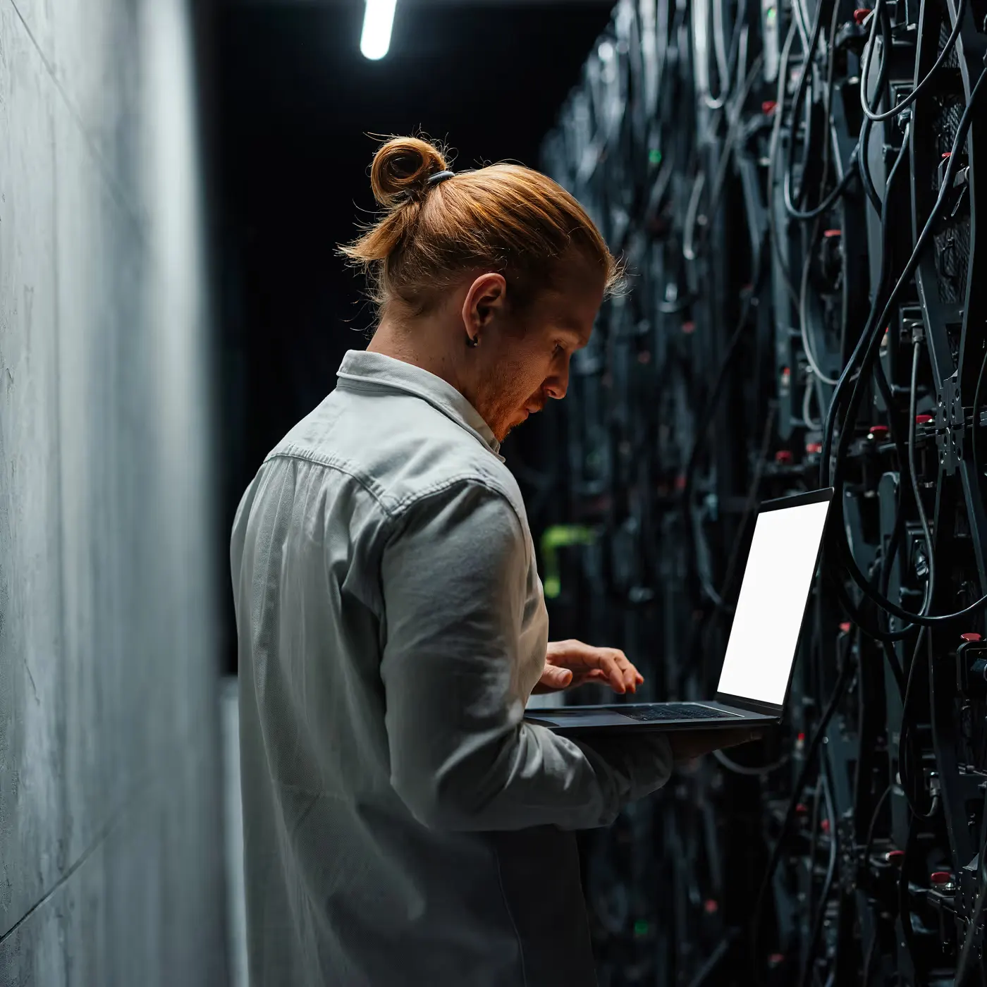 Technician working on server cabling in a data center aisle secured by facial authentication