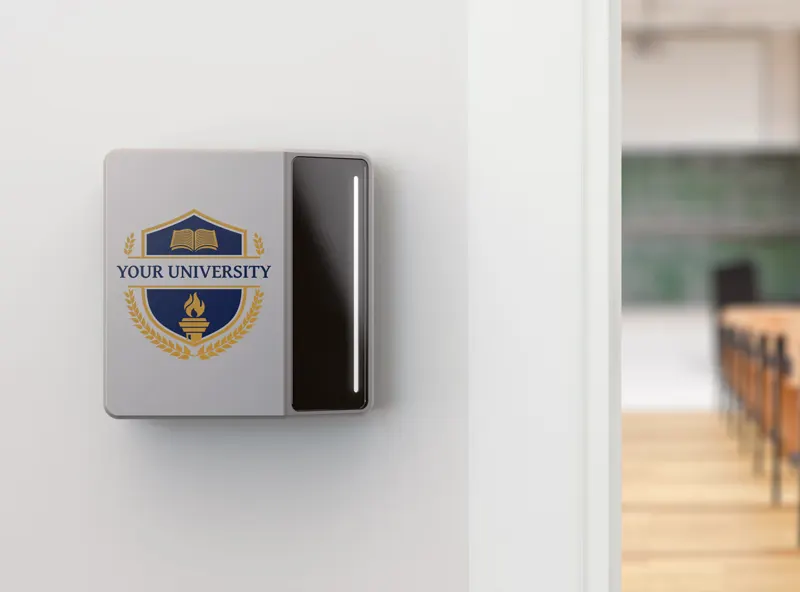 Rock X reader customized with a university crest beside a lecture-hall doorway