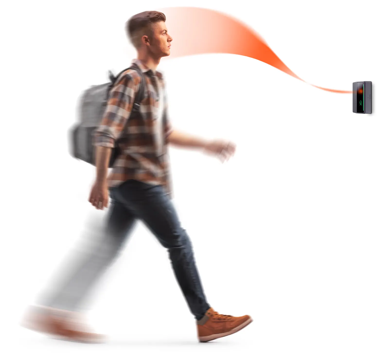 Student walking past a wall-mounted facial authentication reader on a university campus