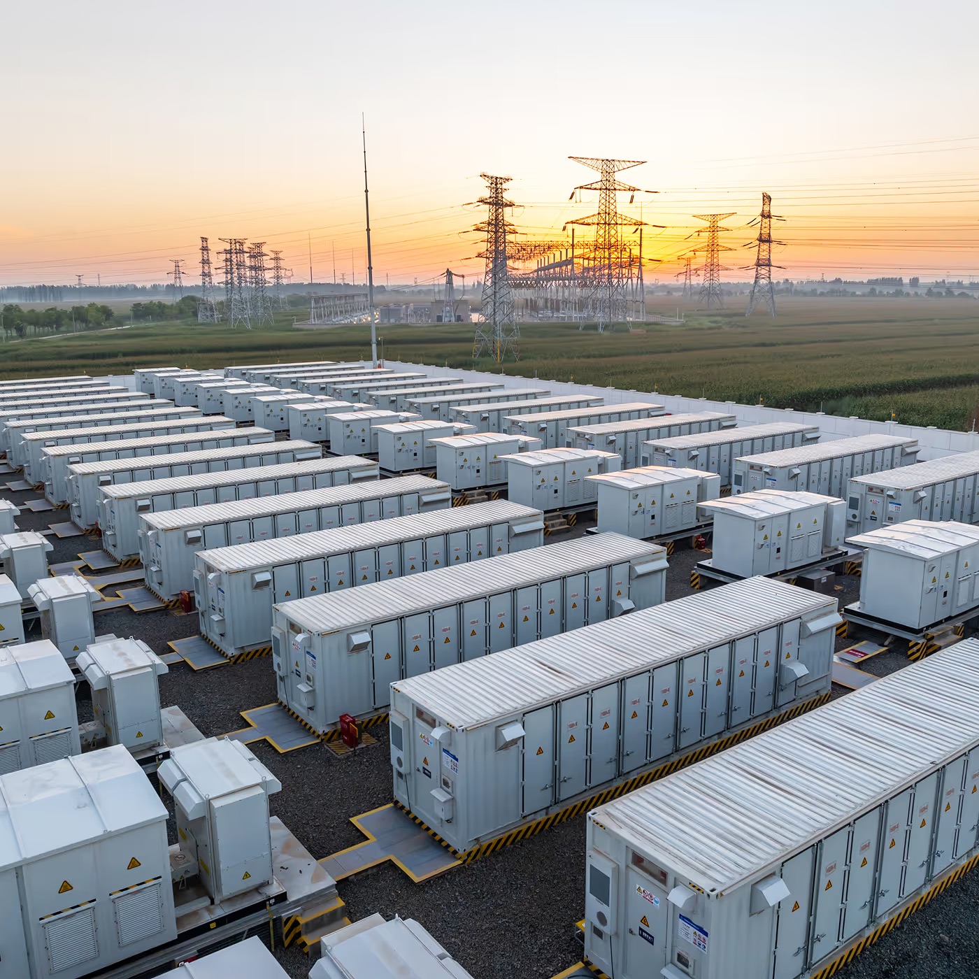 Aerial view of an electrical substation at sunset — critical infrastructure secured by facial authentication