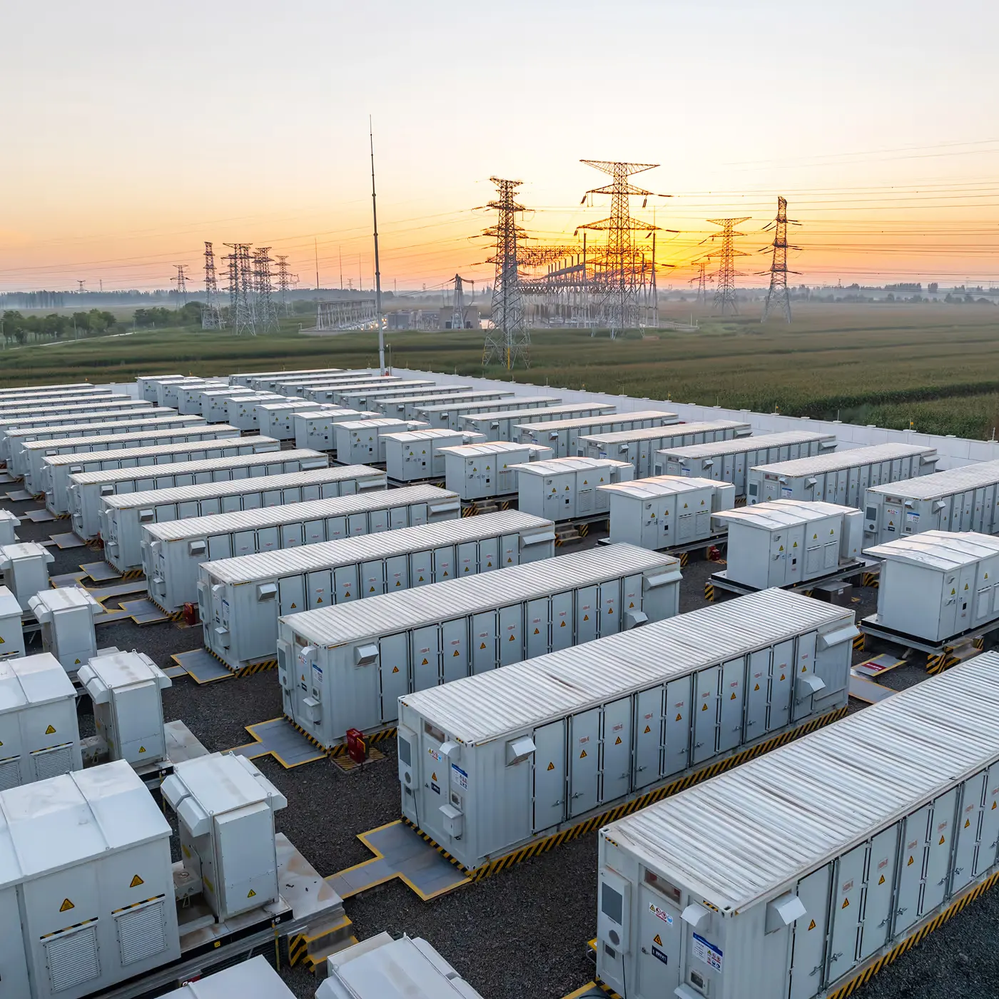 Aerial view of an electrical substation at sunset — critical infrastructure secured by facial authentication