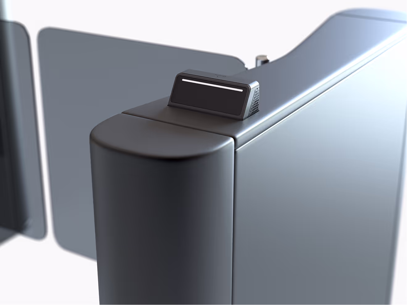 Rock X embedded within the housing of a turnstile, only the glass-covered sensor array visible
